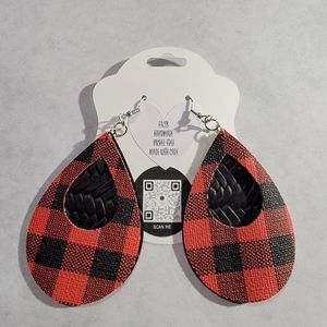 Black Textured, Black/Red Buffalo Plaid 2-Layered Faux Leather Earrings 2.5"